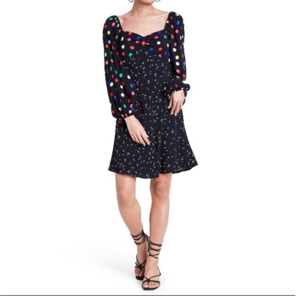 RIXO Puff sleeve polkadot, empire waist dress A line for perfect fit flattering